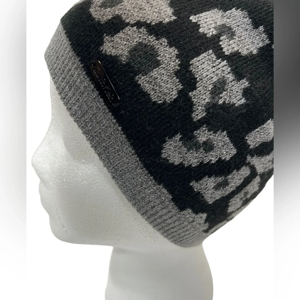 Calvin Klein Black Gray Animal Print Beanie One Size Acrylic Knit Skully Hat
